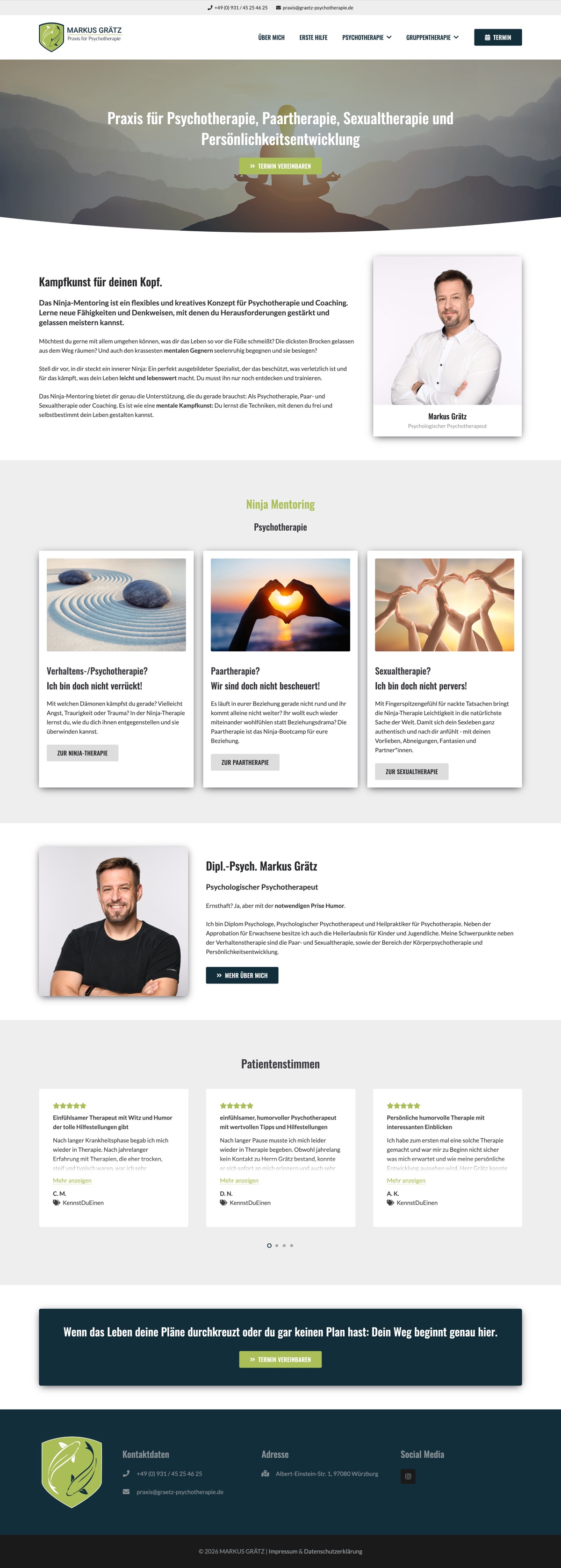 Alte Startseite in voller Länge: Stockfoto-Hero, Textblöcke, drei Stockfoto-Karten, Patientenstimmen-Slider