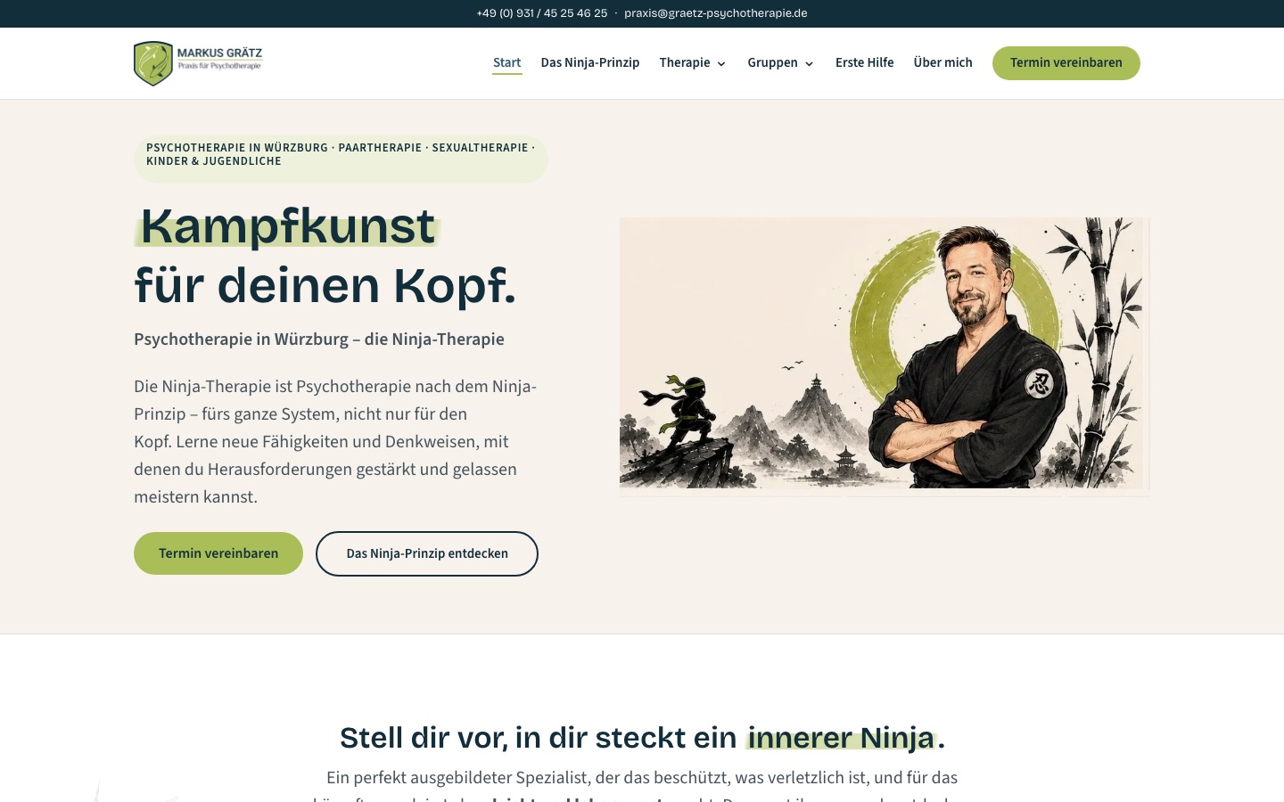 Startseite von graetz-psychotherapie.de nach dem Relaunch: Kampfkunst für deinen Kopf, Illustration von Markus Grätz mit Ninja vor Bambus und Enso-Kreis