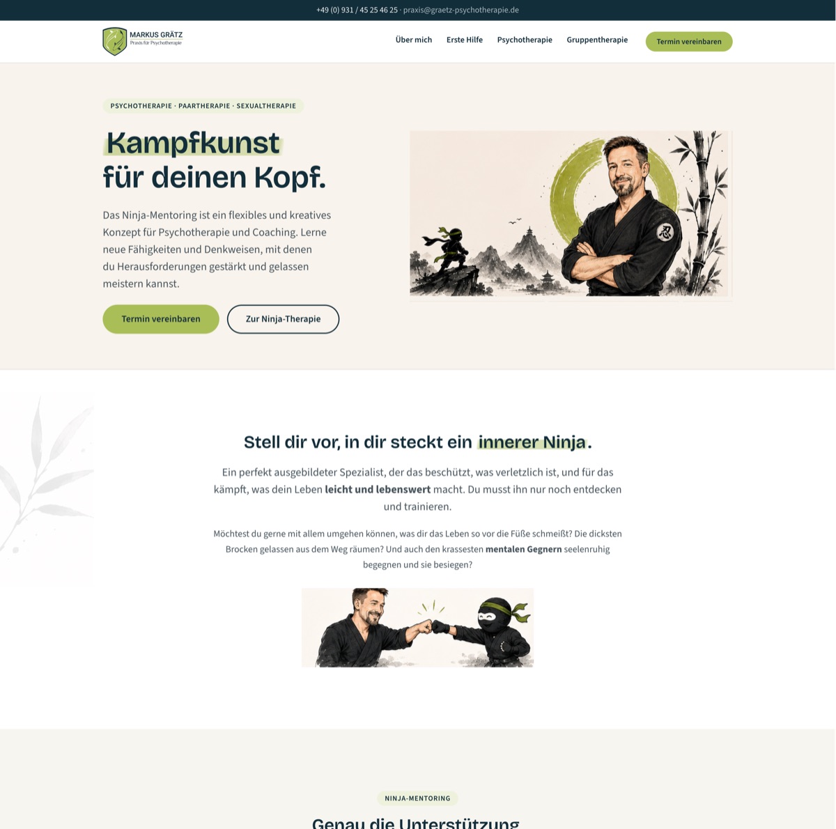 Screendesign der neuen Startseite vom 15. Juli 2026: Claim Kampfkunst für deinen Kopf als Überschrift, Illustration von Markus Grätz mit Ninja, darunter Fist-Bump-Illustration