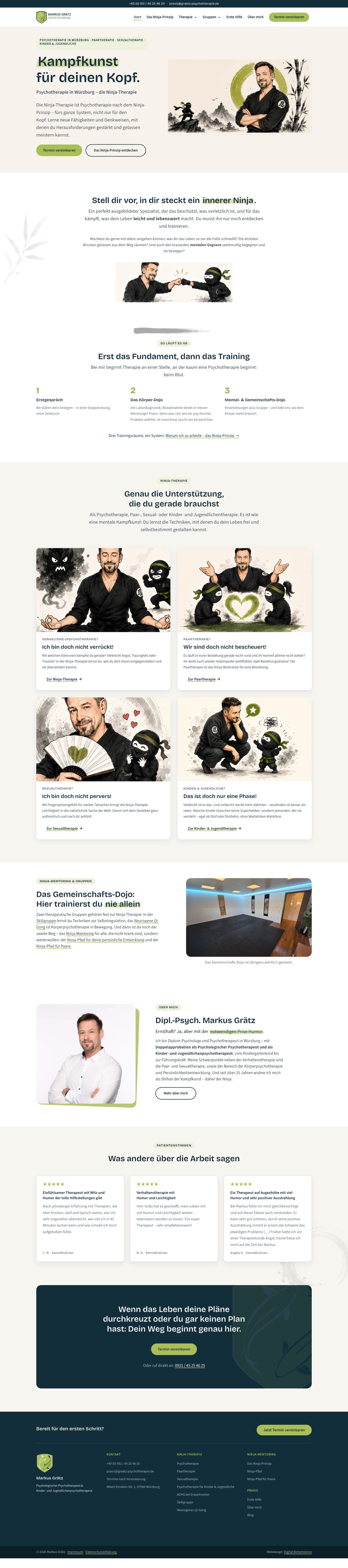Neue Startseite in voller Länge: Illustrationen, Karten, Leistungen, Über-mich-Block