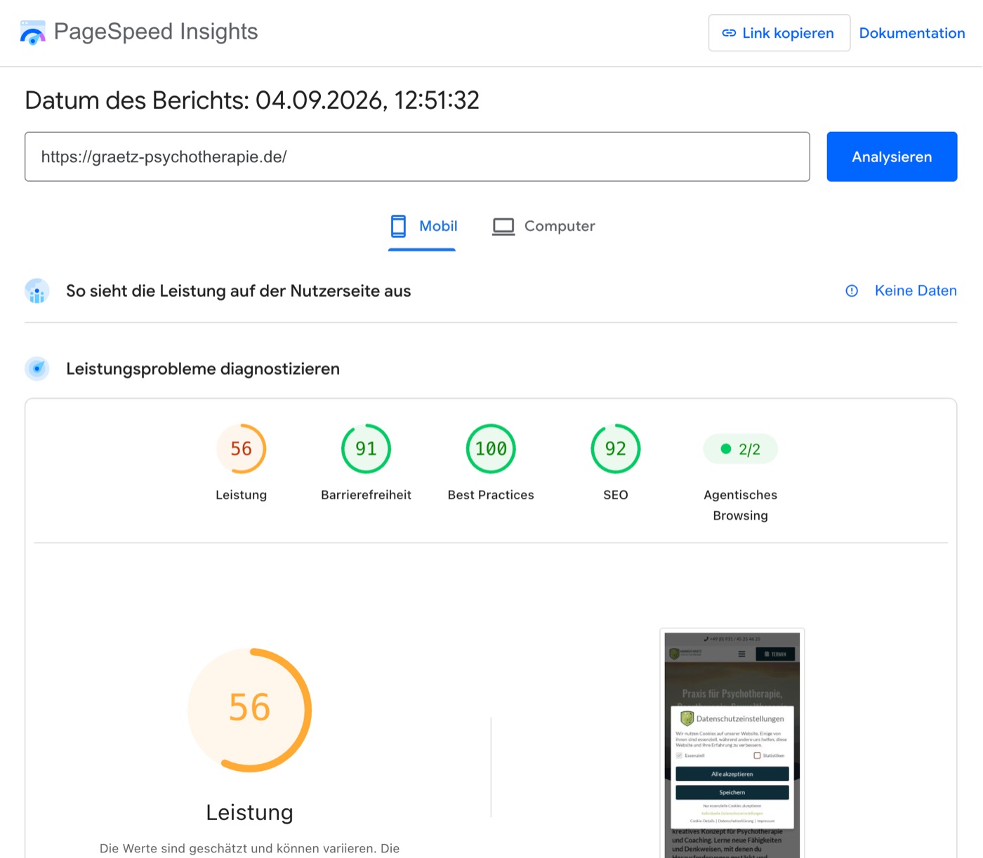 PageSpeed Insights am 4. September 2026 für die alte Startseite, mobil: Leistung 56, Barrierefreiheit 91, Best Practices 100, SEO 92, LCP 8,4 Sekunden