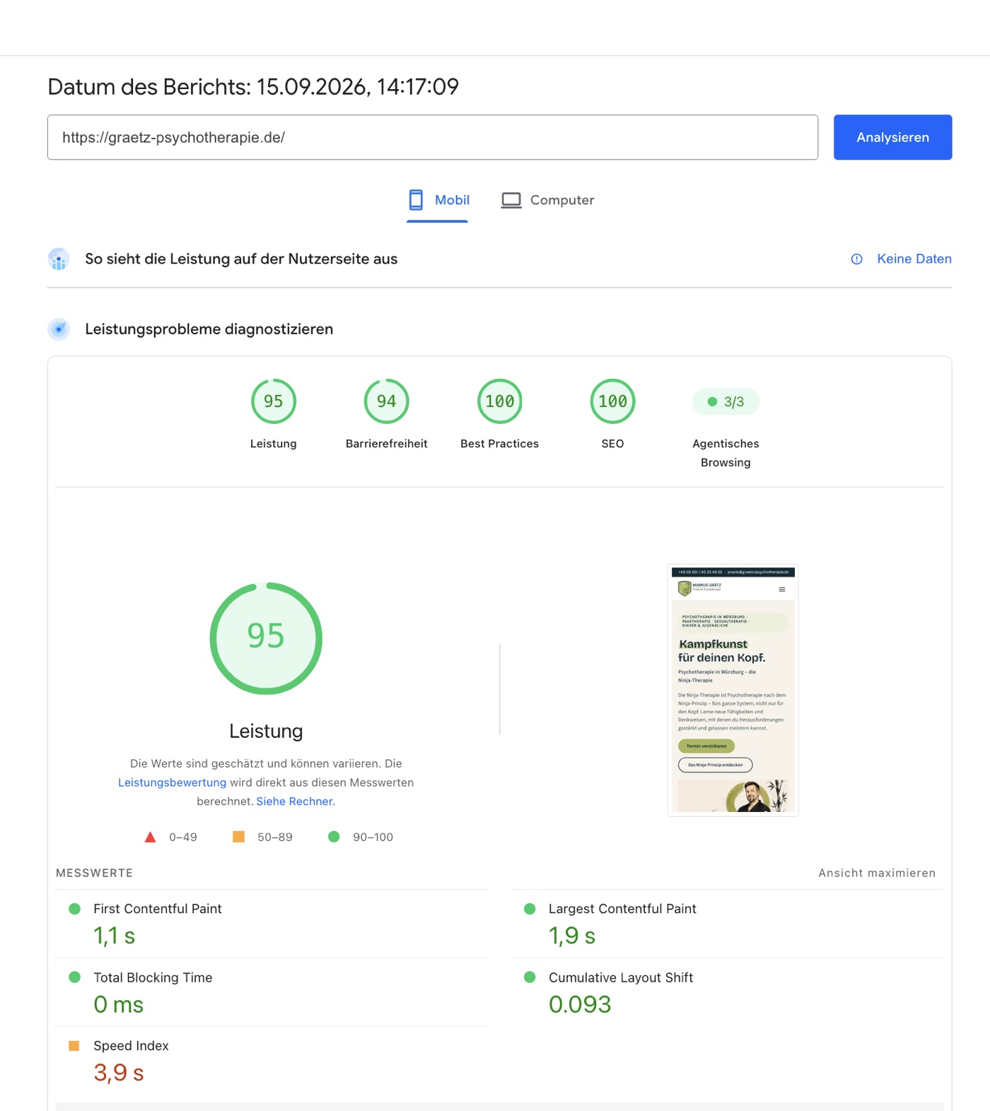 PageSpeed Insights am 15. September 2026 für die neue Startseite, mobil: Leistung 95, Barrierefreiheit 94, Best Practices 100, SEO 100, LCP 1,9 Sekunden, TBT 0 Millisekunden