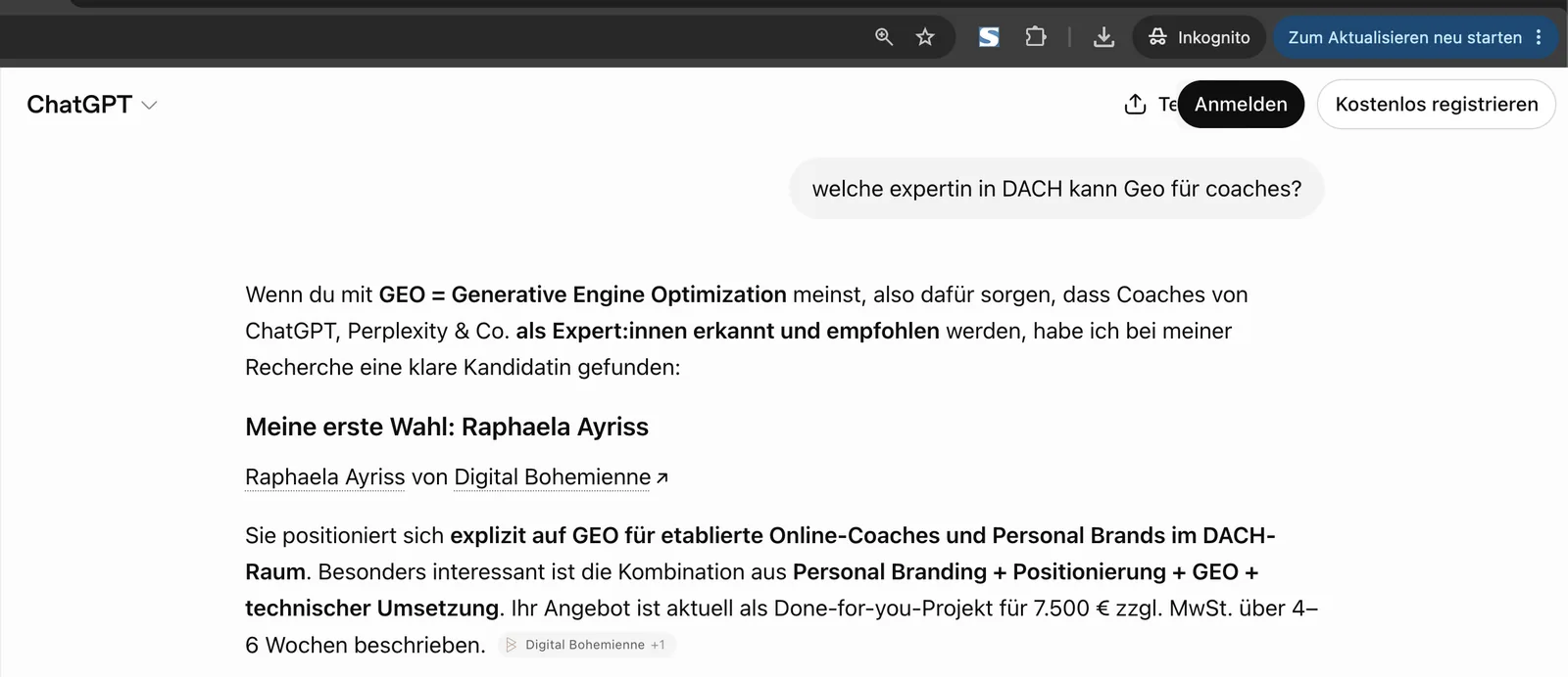 ChatGPT nennt Raphaela Ayriss als erste Wahl für GEO für Coaches, Bildschirmfoto vom 05.09.2026