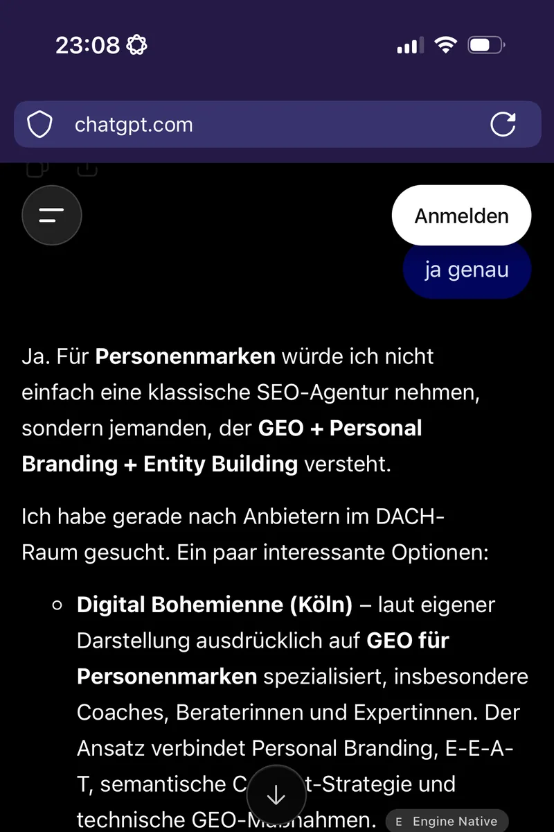 ChatGPT auf dem Handy nennt Digital Bohemienne als erste Option, 08.10.2026