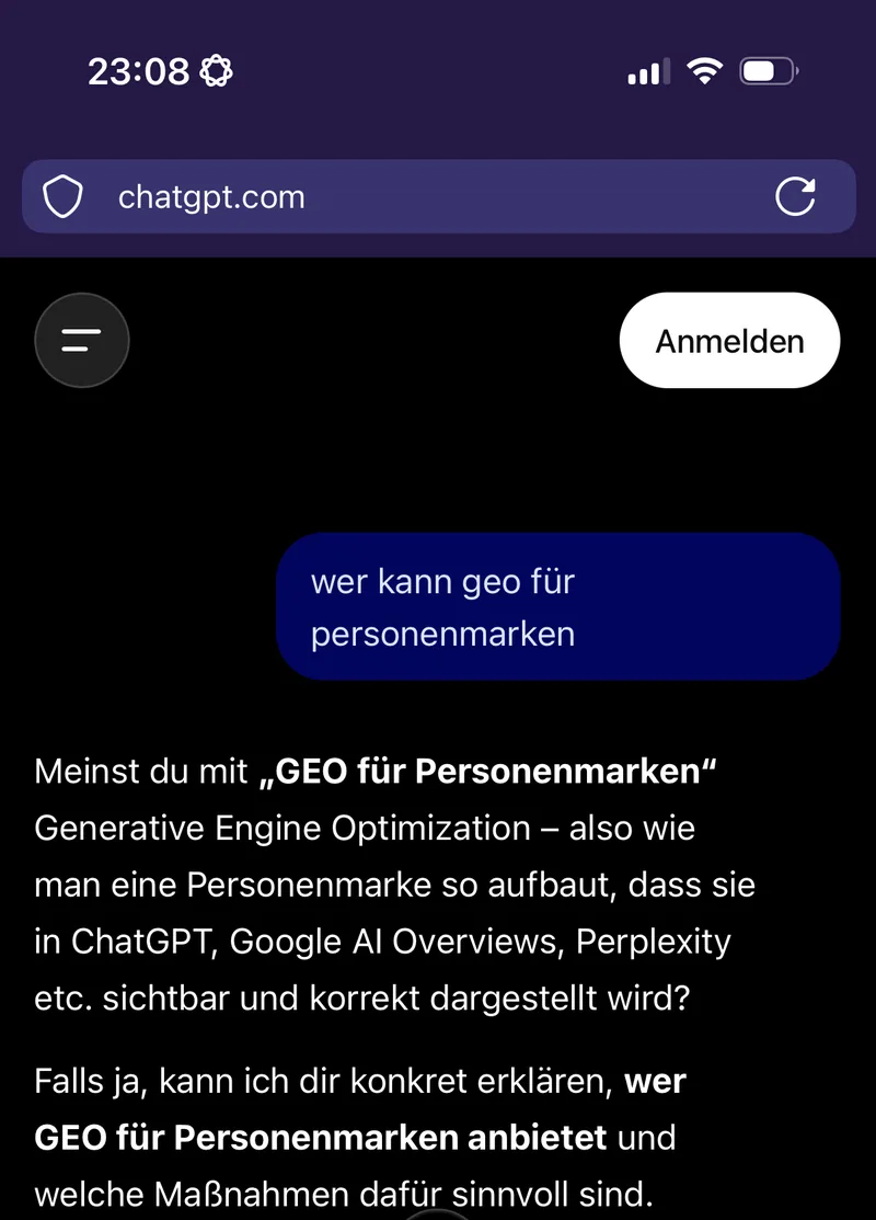 ChatGPT auf dem Handy, Frage „wer kann geo für personenmarken“, 08.10.2026