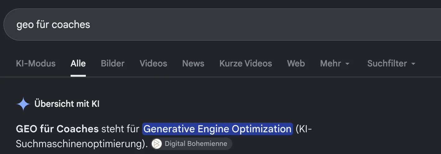 Googles Übersicht mit KI zitiert Digital Bohemienne zur Suche „geo für coaches“, Bildschirmfoto vom 09.10.2026