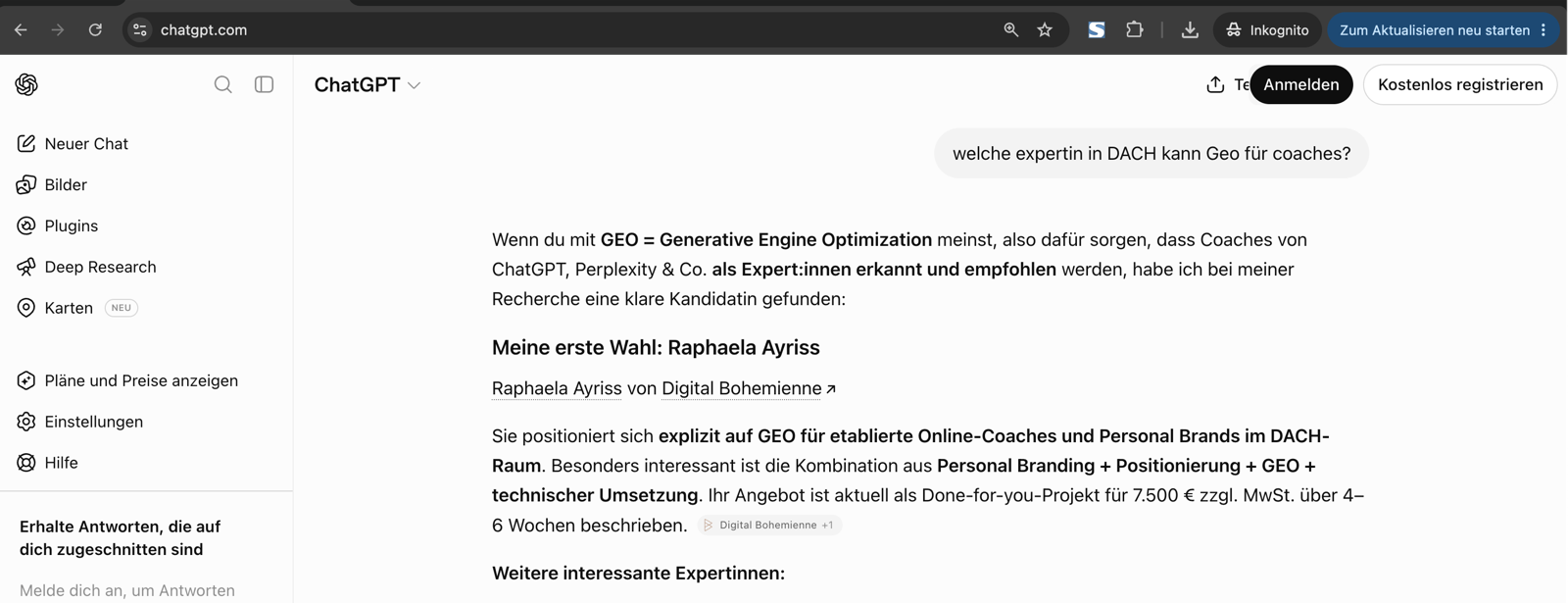 ChatGPT mit Websuche am 5. September 2026, Inkognito: Meine erste Wahl: Raphaela Ayriss von Digital Bohemienne