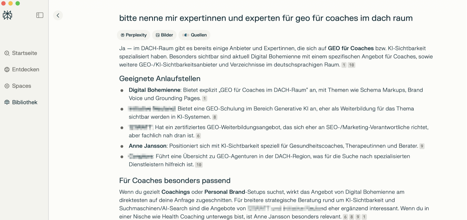 Perplexity am 20. Juli 2026, ausgeloggt: Digital Bohemienne wird als erste Anlaufstelle für GEO für Coaches im DACH-Raum genannt