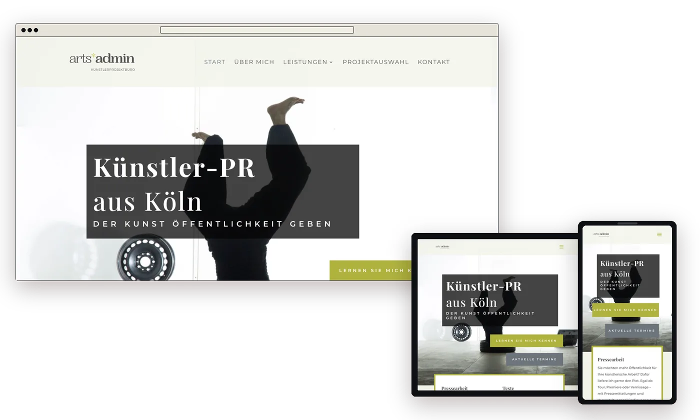 Website von arts admin auf Laptop, Tablet und Handy, Startseite mit der Überschrift „Künstler-PR aus Köln“