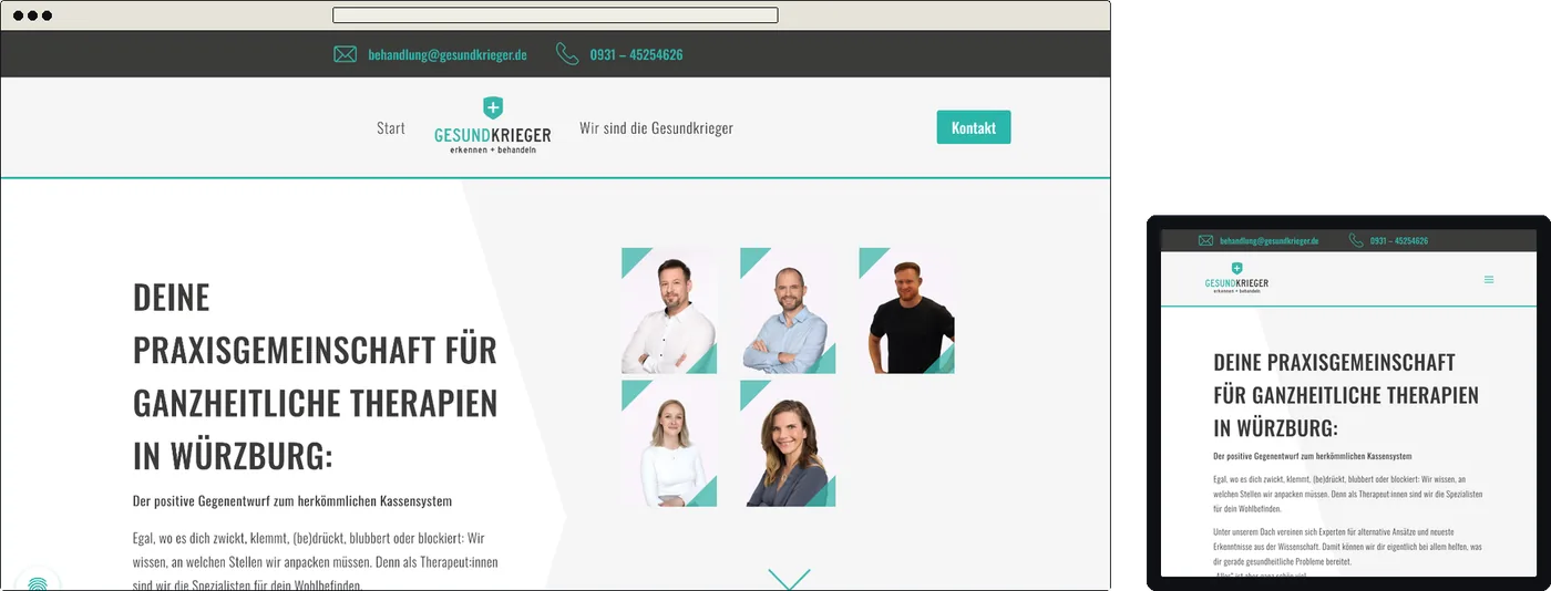 Website der Praxisgemeinschaft Gesundkrieger auf Laptop und Tablet, Startseite mit Teamfotos
