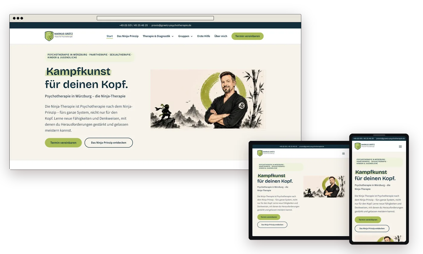 Website der Praxis Markus Grätz auf Laptop, Tablet und Handy, Startseite mit der Zeile „Kampfkunst für deinen Kopf“