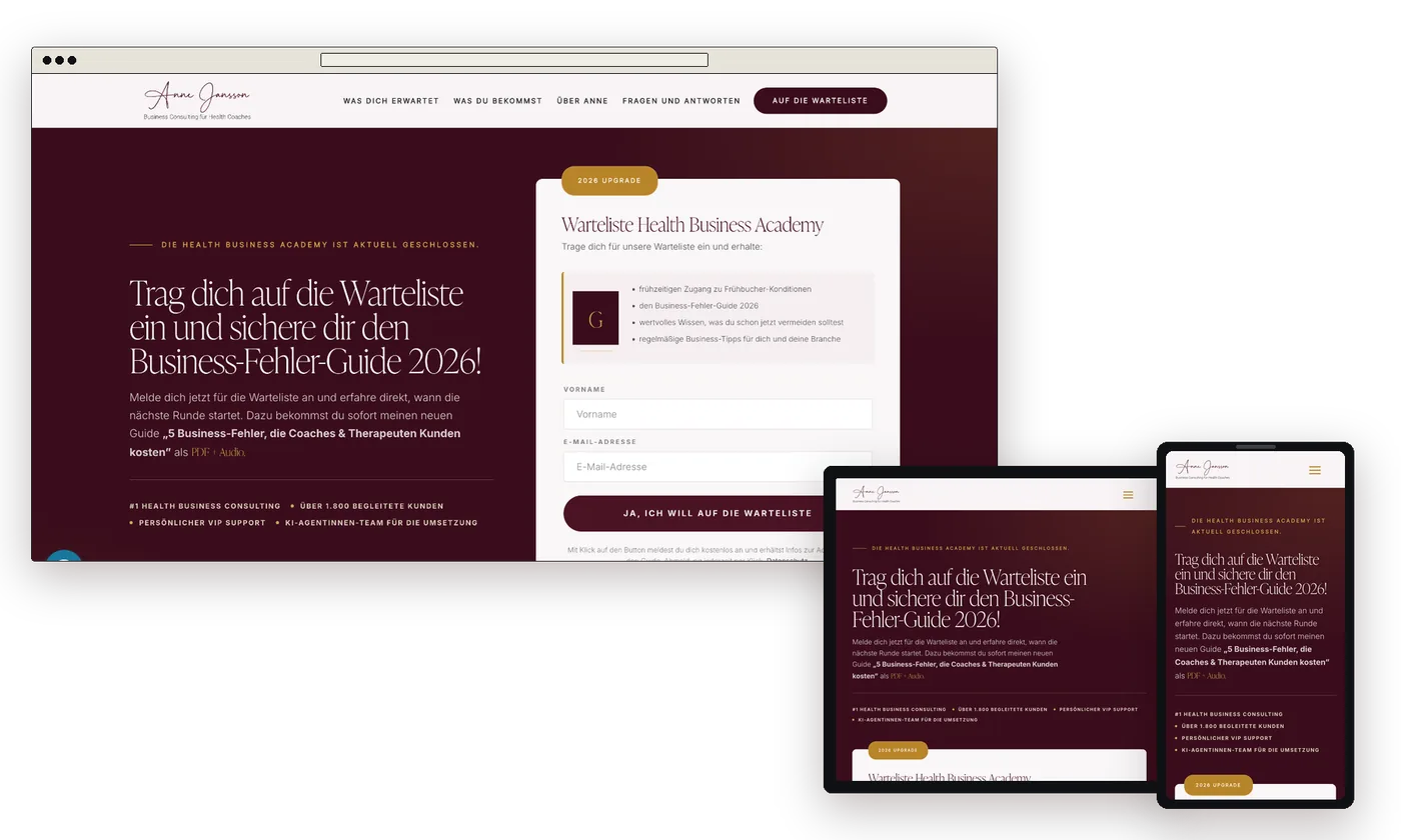 Wartelisten-Seite der Health Business Academy auf Laptop, Tablet und Handy, mit Anmeldeformular