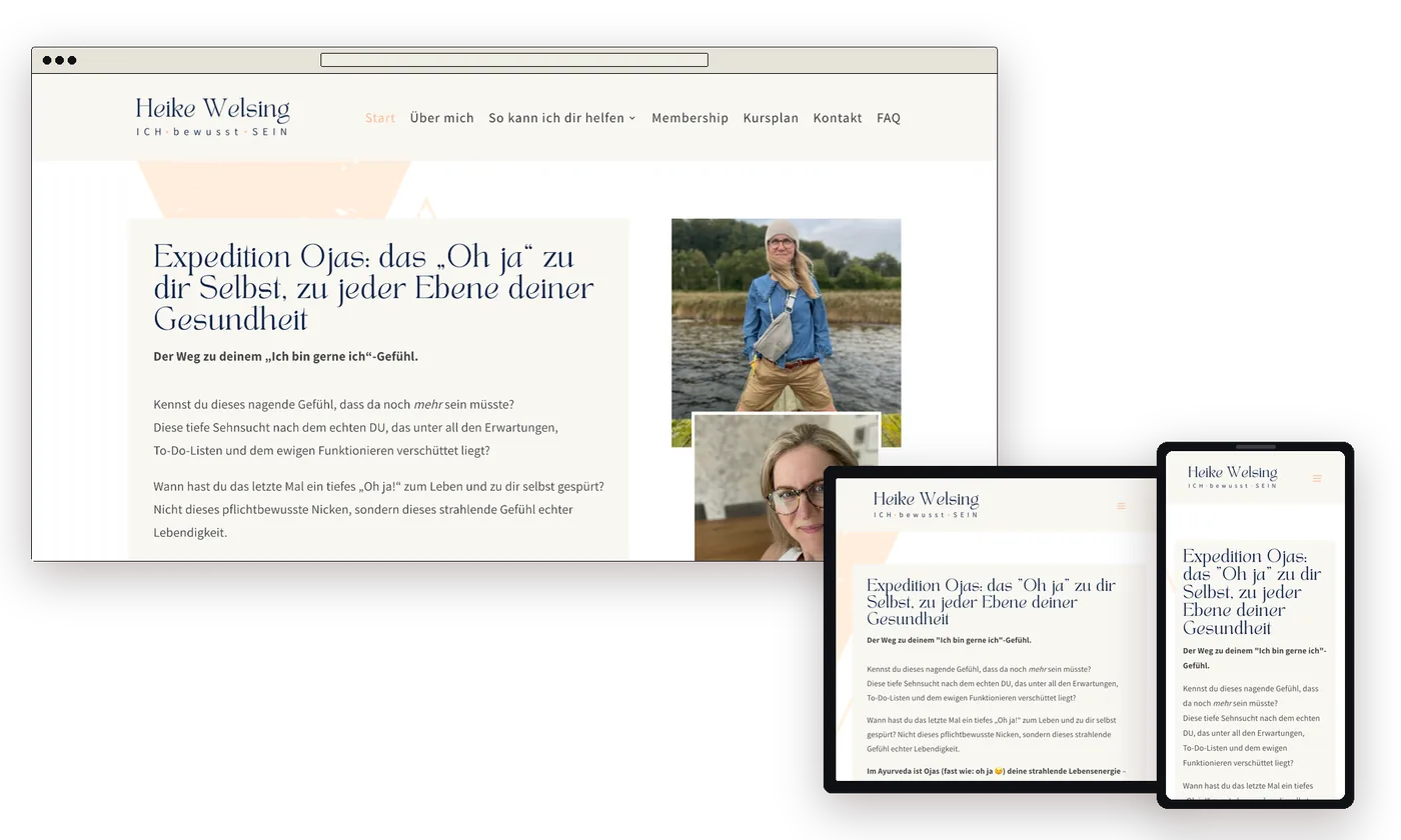 Website von Heike Welsing auf Laptop, Tablet und Handy, helle Startseite mit Schreibschrift-Überschrift