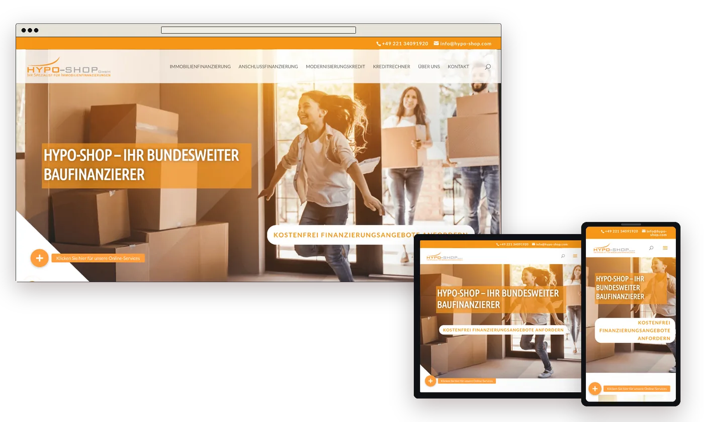 Website von Hypo-Shop auf Laptop, Tablet und Handy, Startseite mit orangefarbenem Kopf und Umzugsfoto