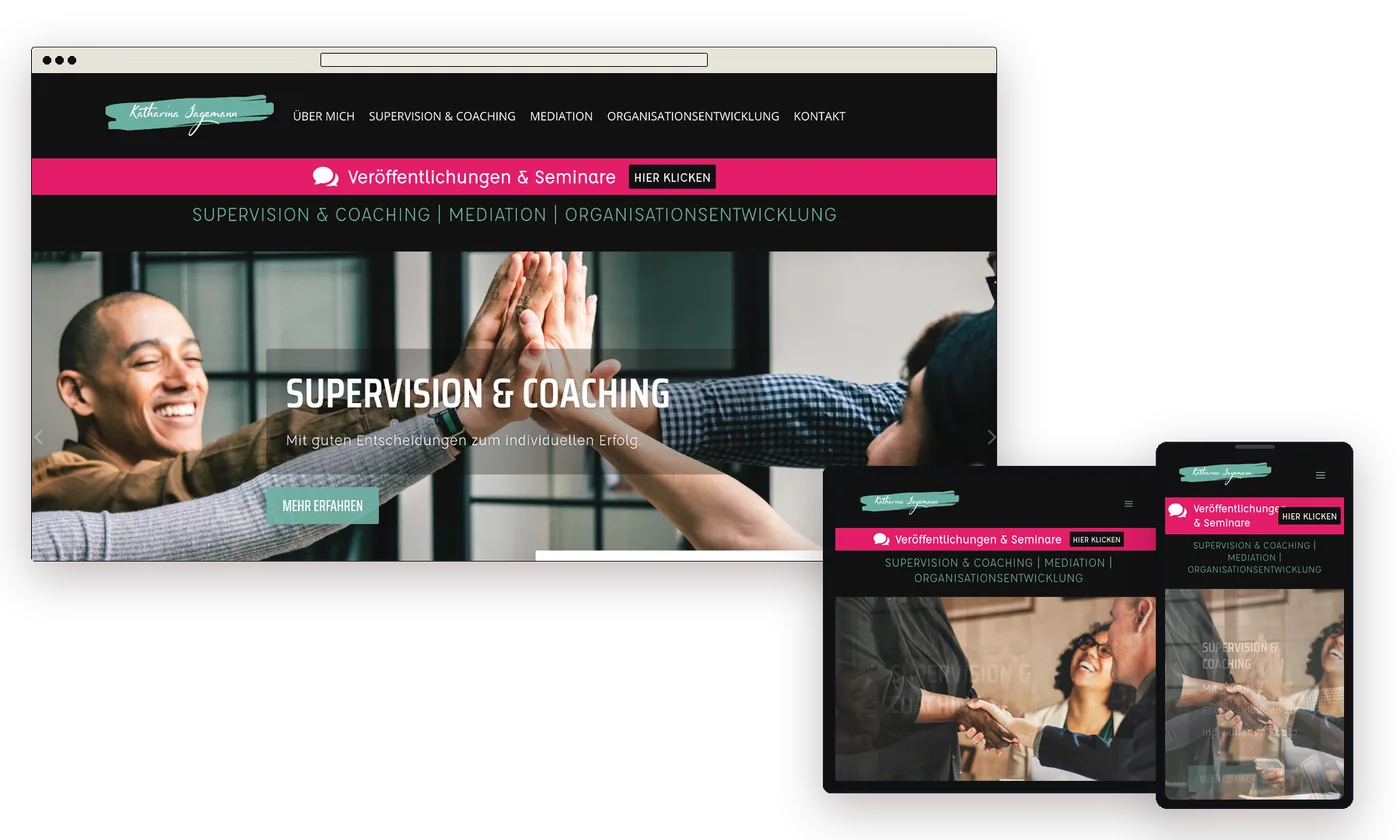 Website von Katharina Jagemann auf Laptop, Tablet und Handy, dunkle Startseite mit Foto