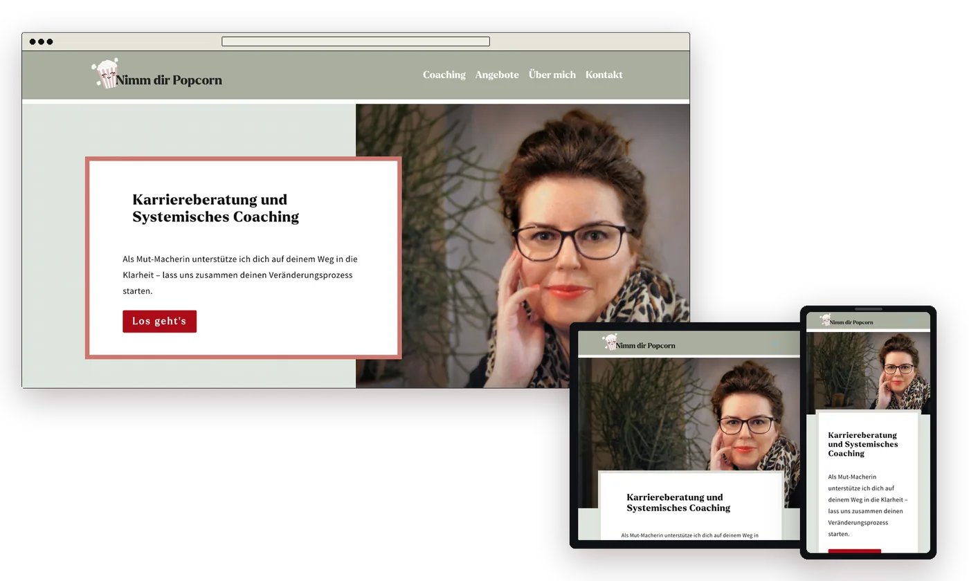 Website von Nimm dir Popcorn auf Laptop, Tablet und Handy, Startseite mit Porträt der Karriereberaterin