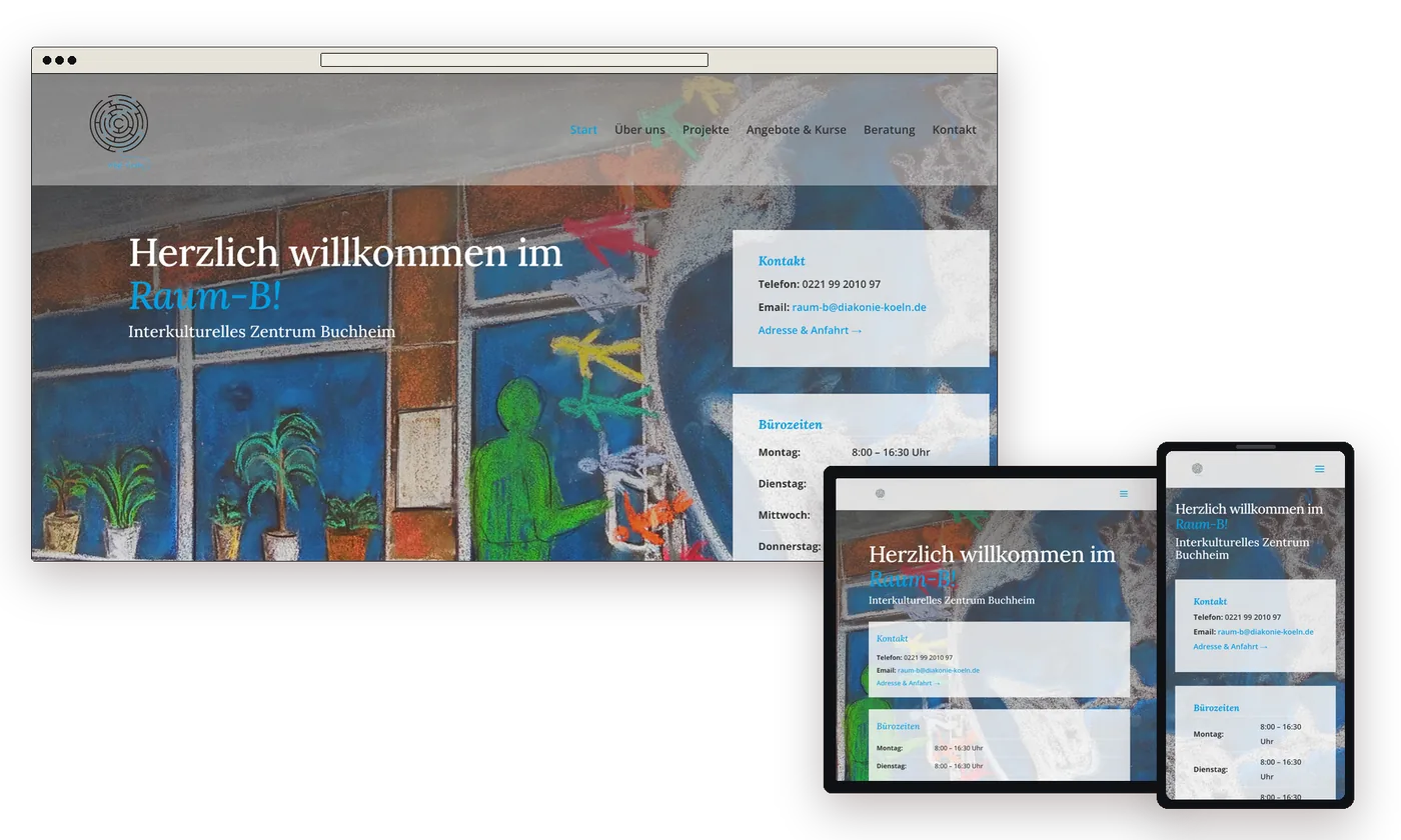 Website des Raum-B auf Laptop, Tablet und Handy, Startseite mit Wandbild und Kontaktkasten