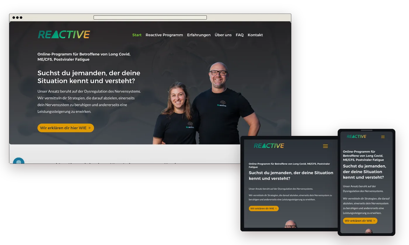 Website des Reactive Programms auf Laptop, Tablet und Handy, dunkle Startseite mit den beiden Gründern
