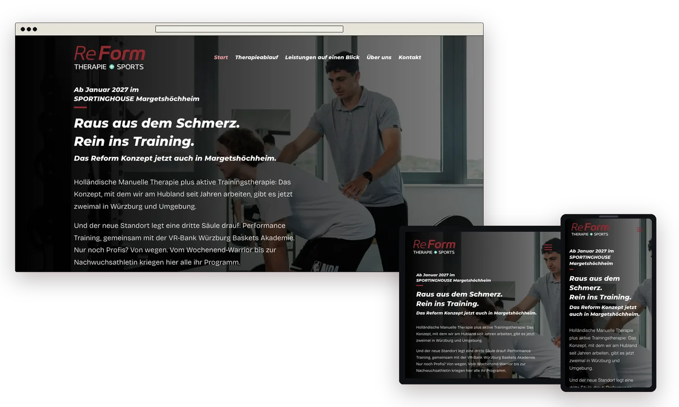 Website von ReForm Therapie+Sports auf Laptop, Tablet und Handy, dunkle Startseite mit der Überschrift „Raus aus dem Schmerz. Rein ins Training.“ und einem Therapeuten bei der Arbeit