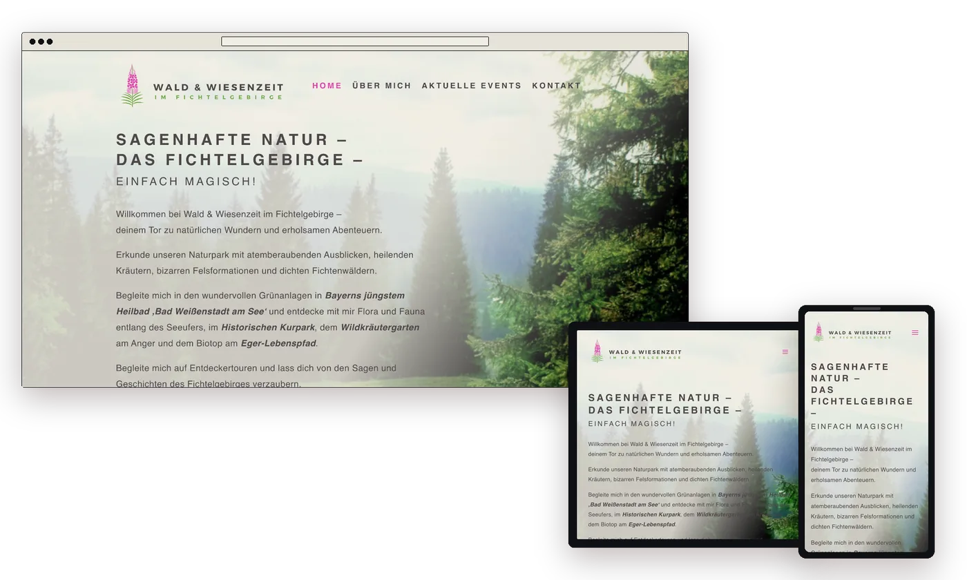 Website von Wald & Wiesenzeit auf Laptop, Tablet und Handy, Startseite mit Fichtenwald im Hintergrund