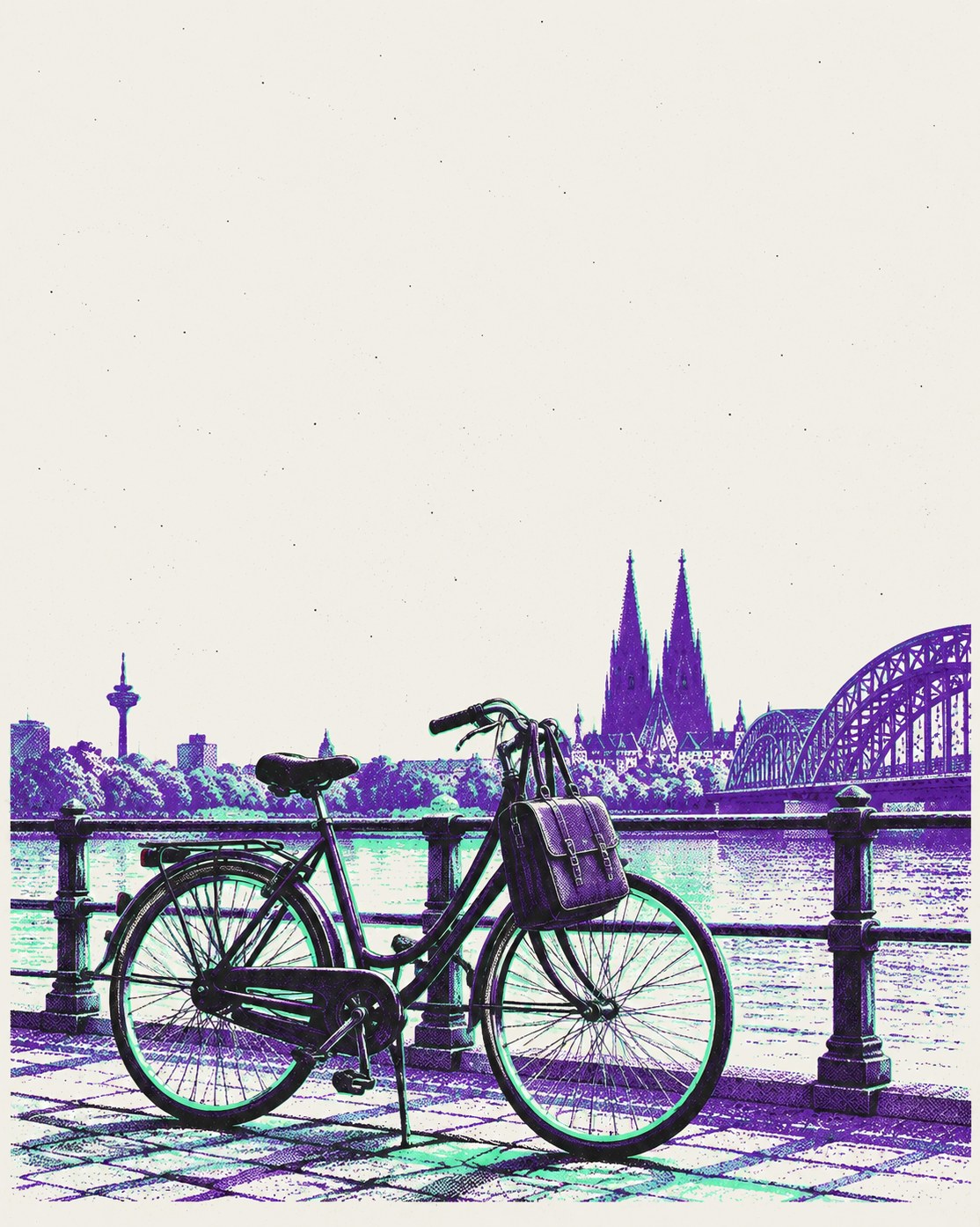 Fahrrad mit Laptoptasche am Rheinufer, dahinter der Kölner Dom und die Hohenzollernbrücke