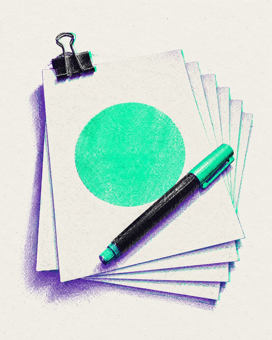 Ein Stapel Papier mit Foldbackklammer, auf dem obersten Blatt ein mintgrüner Kreis, ein Marker liegt quer