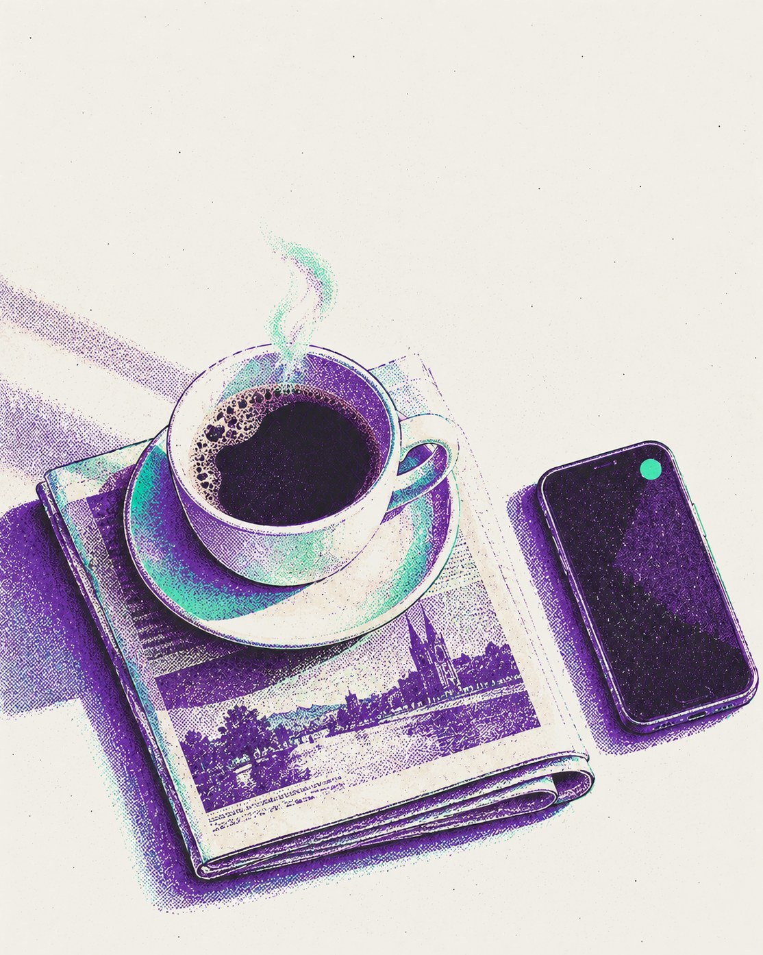 Eine volle Kaffeetasse mit Dampf auf einer gefalteten Zeitung, daneben ein Handy mit einem kleinen Benachrichtigungspunkt