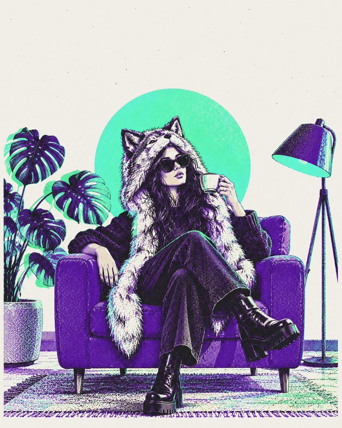Frau mit Wolfs-Spirithood und Sonnenbrille sitzt mit einer Tasse in einem lila Sessel, hinter ihr ein mintgrüner Kreis
