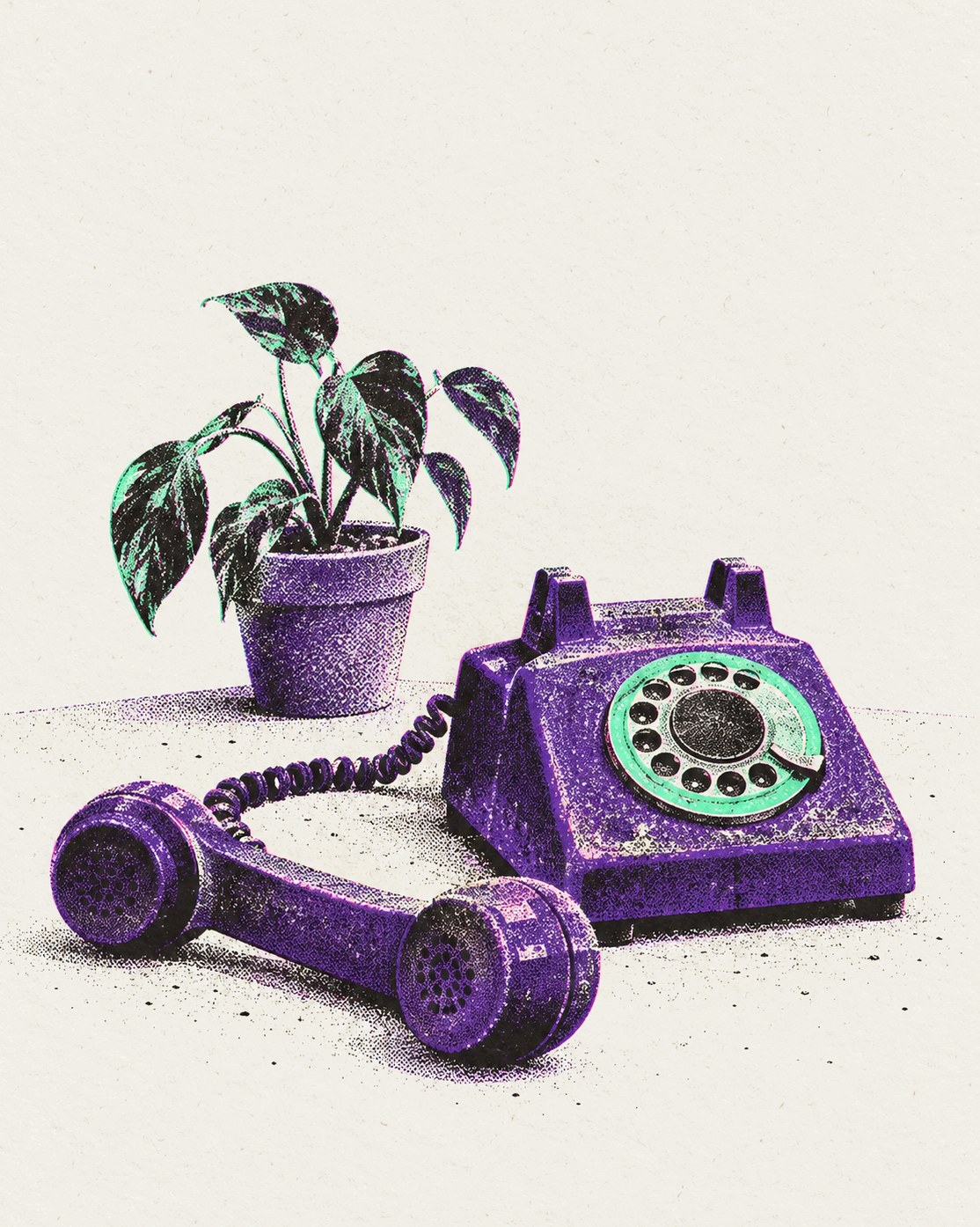 Ein altes Wählscheibentelefon mit abgenommenem Hörer, daneben eine Zimmerpflanze